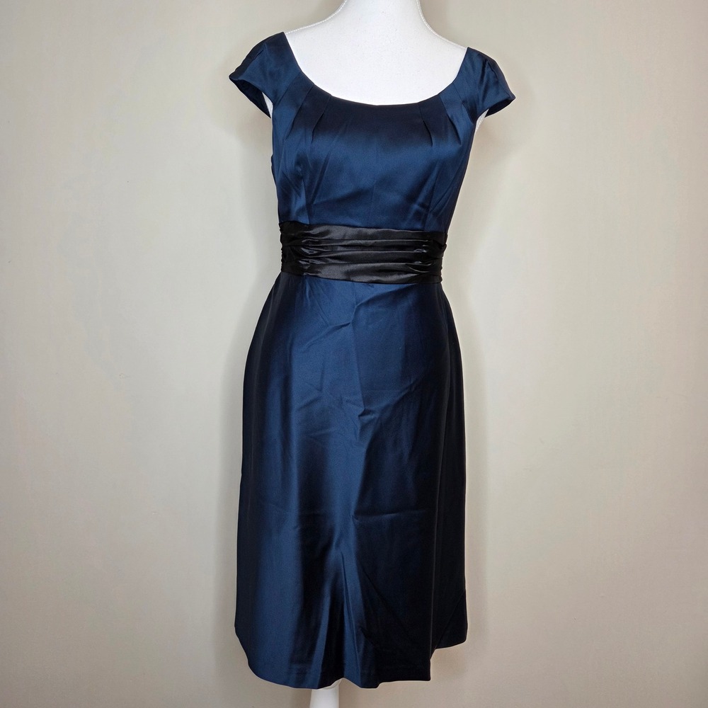 Adrianna Papell Navy Blue Satin Cap‎ Sleeve Cocktail Dress Black Sash Size 8